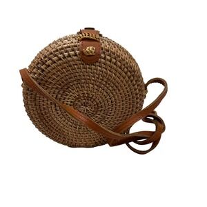 Rattan Wicker Round Crossbody Handwoven Lined Boho Tropical‎ Summer 6"